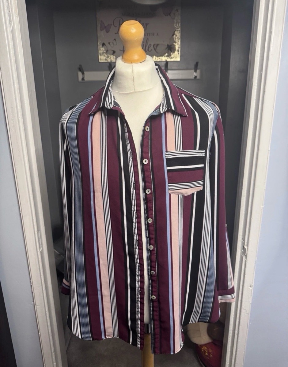 Dressbarn Stripe Button Shirt Burgundy Pink Black 1X (UK 18-20) Long Sleeve