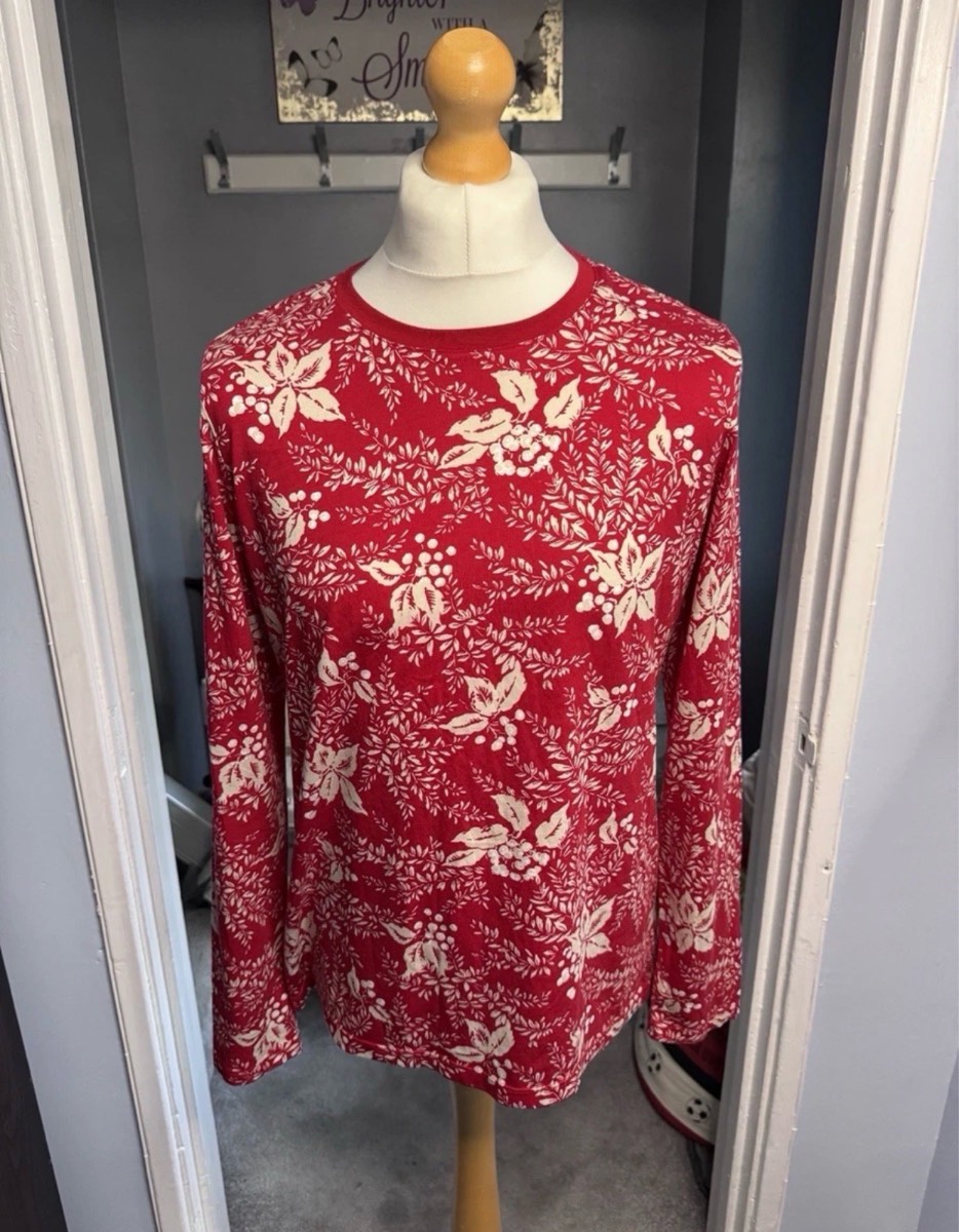 Lands’ End Long Sleeve Top Red Floral Print UK 14 (M) 100% Supima Cotton
