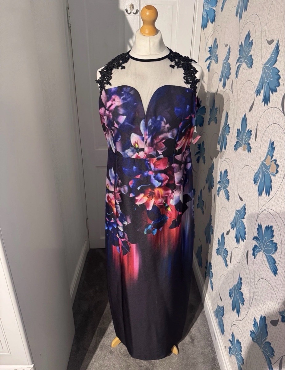 Little Mistress Maxi Dress Black Floral Print UK 20 Lace Mesh Occasion Evening