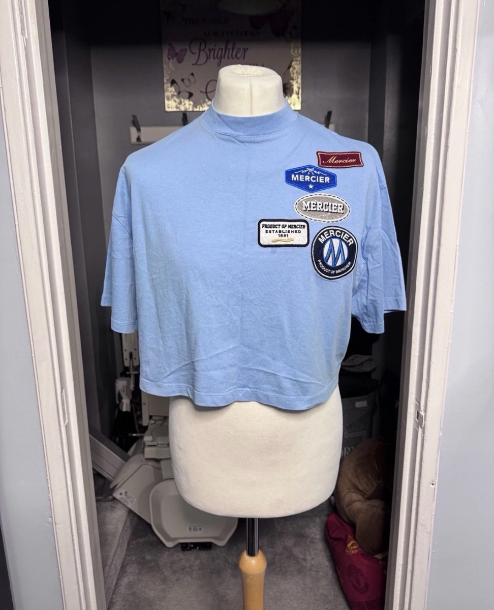 Mercier Unisex Cropped T-Shirt Light Blue Medium (M) Embroidered Patch Tee