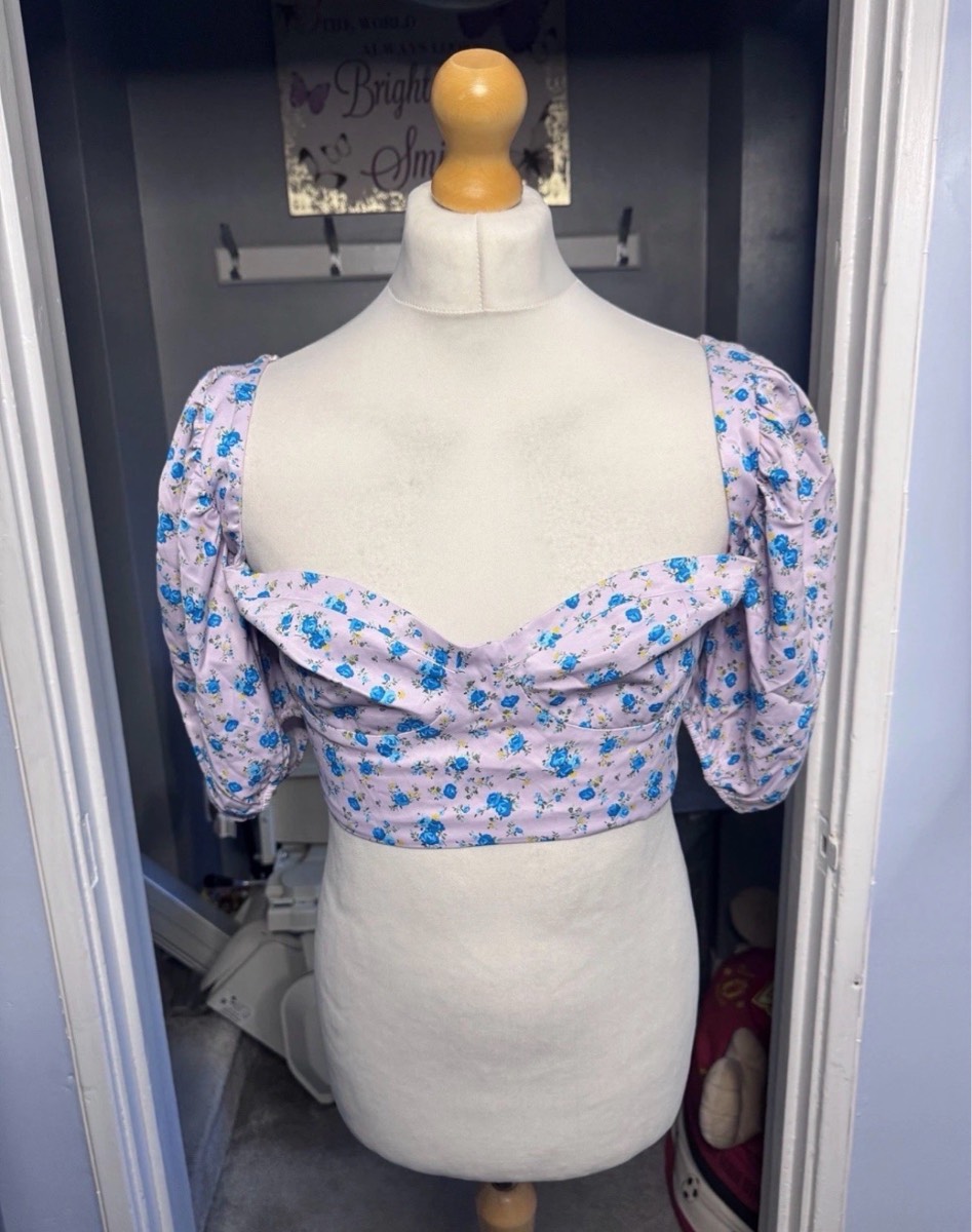 Zara Crop Top Pink Floral UK 18-20 Sweetheart Puff Sleeve Summer