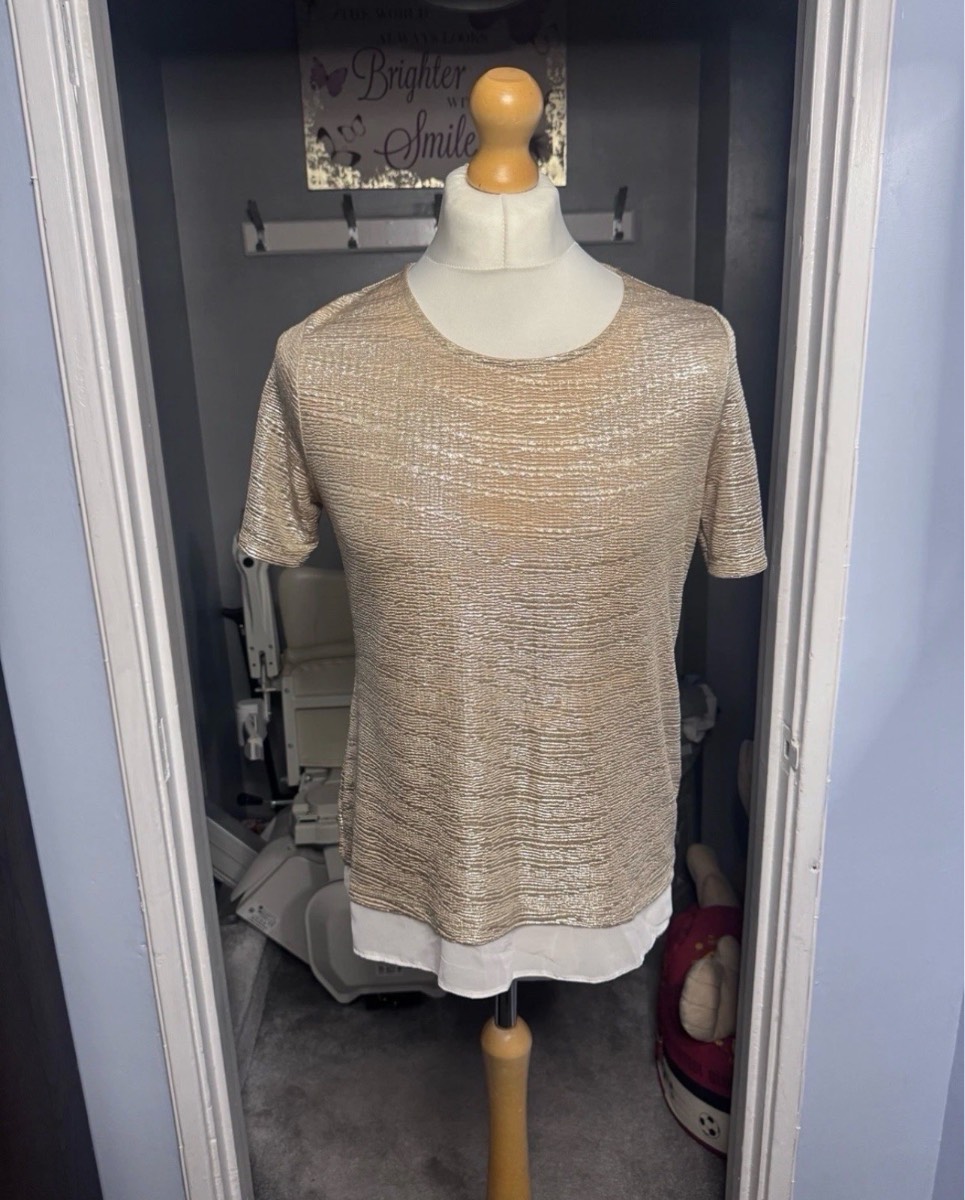 TU Layered Shimmer Top Gold UK 12 Metallic Layered Hem Short Sleeve Blouse