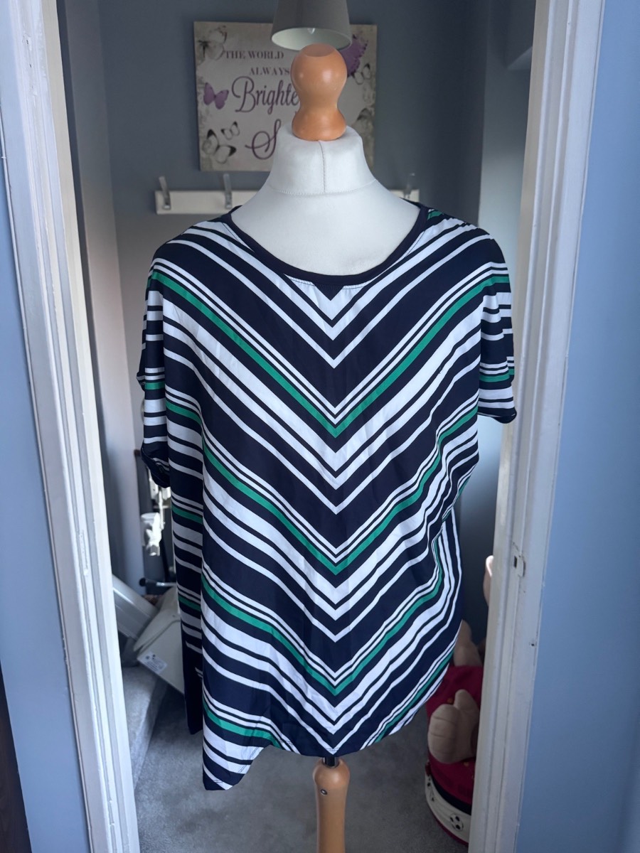 Peacocks Stripe Top Navy White Green UK 22 Summer Short Sleeve Chevron