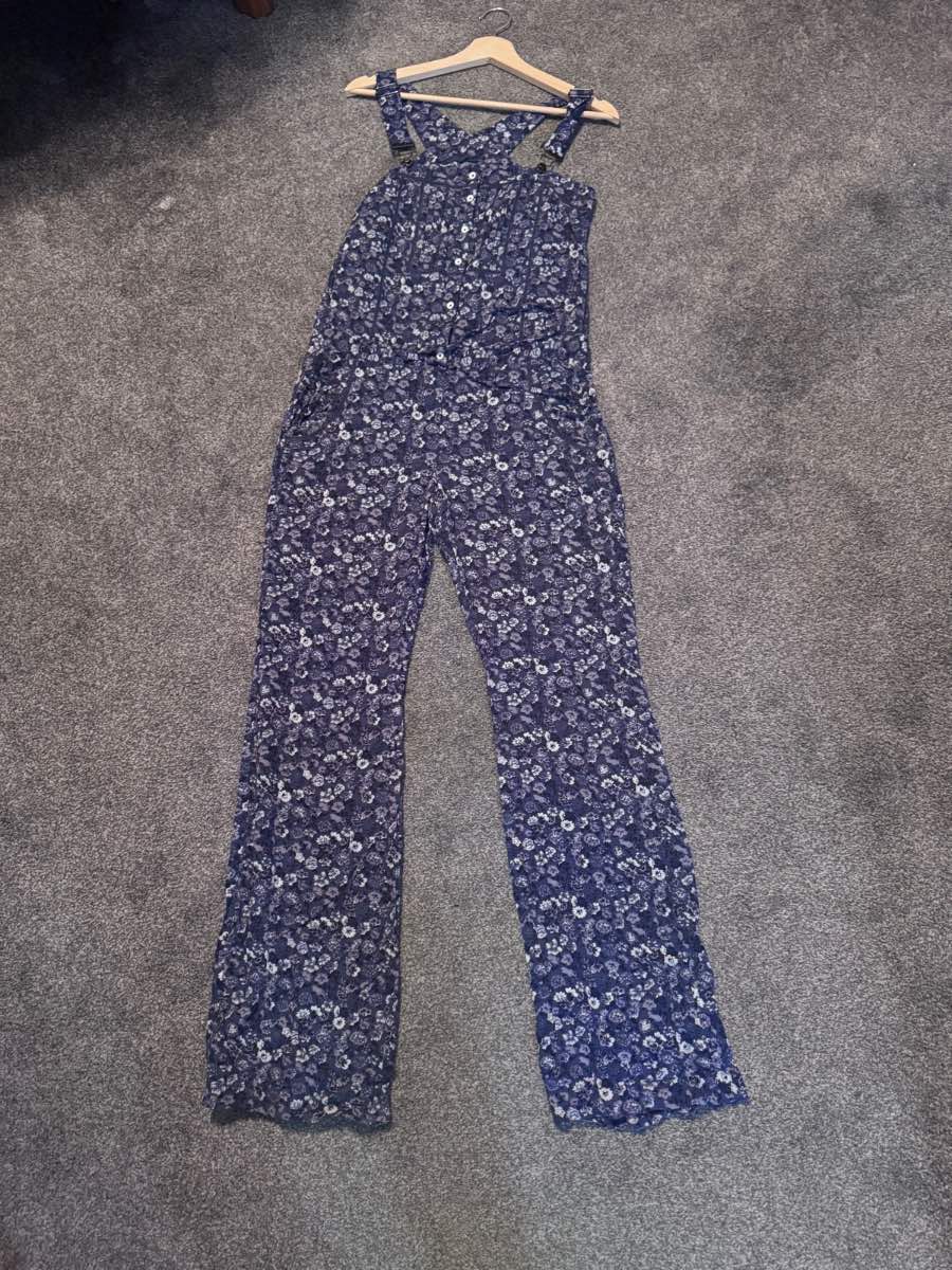 FC Jeans Dungaree Jumpsuit Blue Floral Boho Hippie Wide Leg UK 8