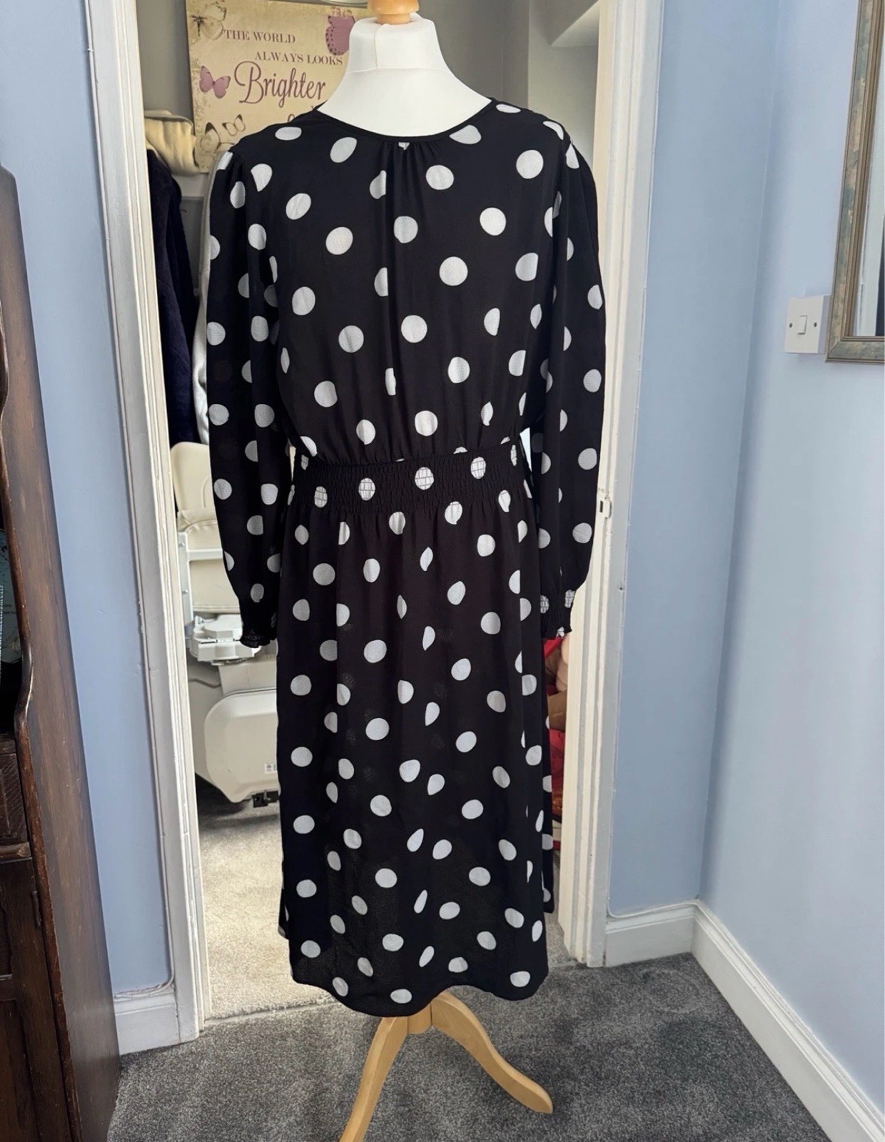 AX Paris Black White Polka Dot Midi Dress UK 14 Long Sleeve Shirred Waist