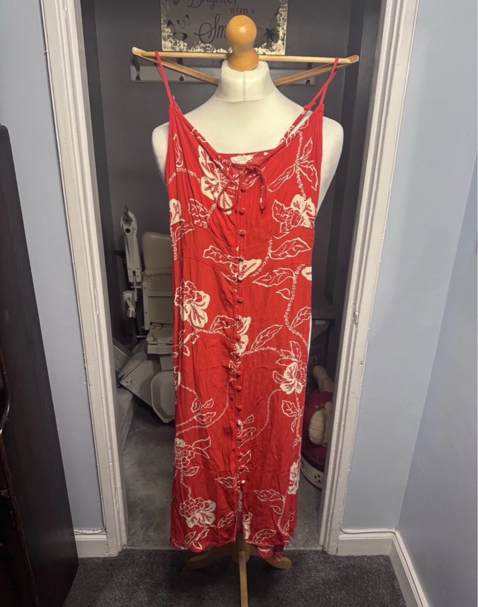 Fat Face Midi Dress Red Floral Button Front Strappy UK 10 Summer