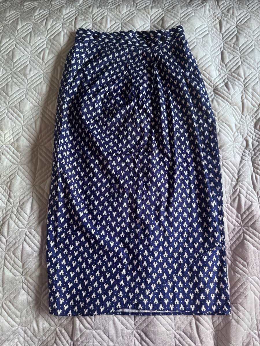 Vintage St Michael Wrap Midi Skirt Blue White Floral Print UK 14 Cotton Summer