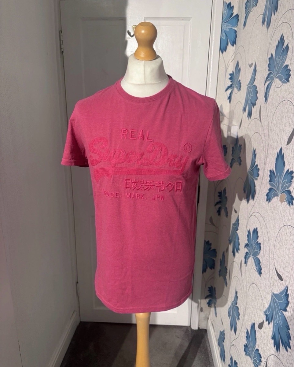 Superdry T Shirt Pink Large Embroidered Logo Crew Neck