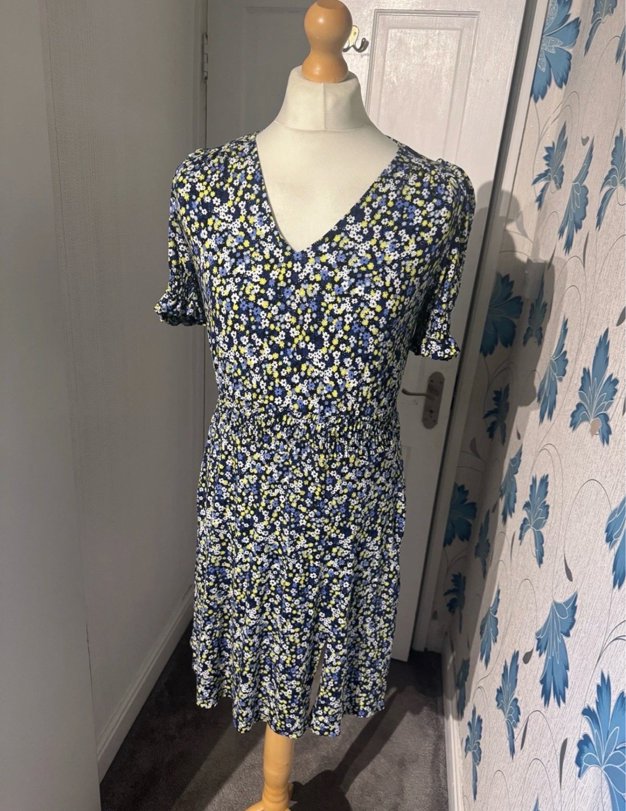 &Et Floral Midi Dress Navy Blue UK 14 Ditsy Print Summer V-Neck