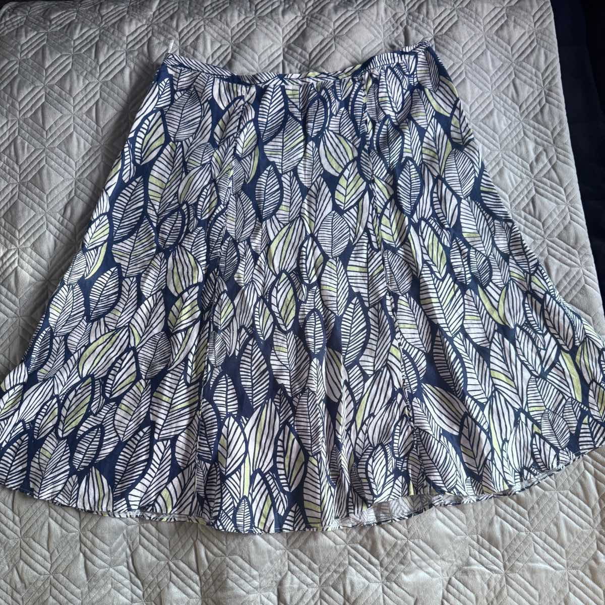 Marks & Spencer Linen Midi Skirt Navy Leaf Print UK 22 A-Line Summer