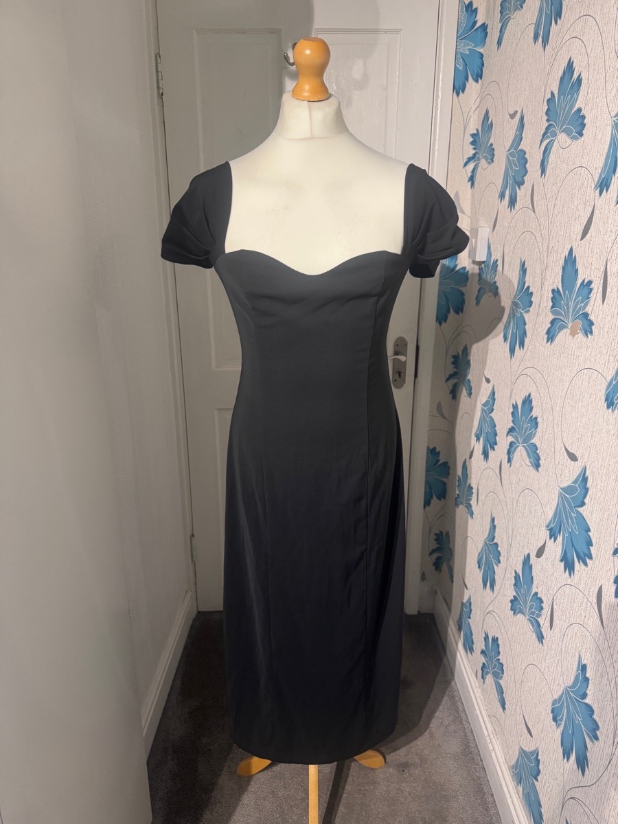 Abercrombie & Fitch Midi Dress Black Large (UK 14–16) Puff Sleeve Sweetheart Neck