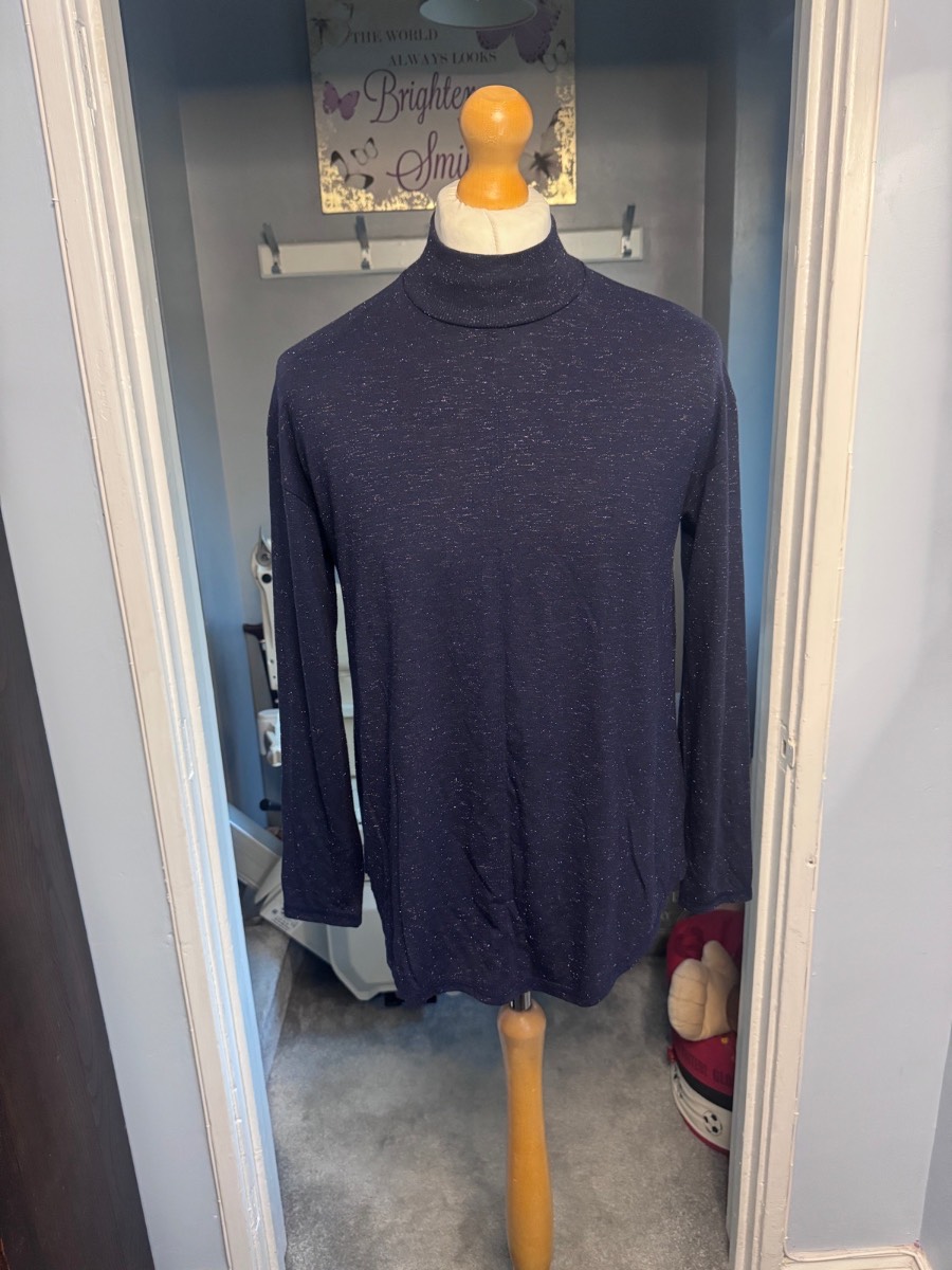 Next Roll Neck Top Navy Glitter Sparkle UK 14 Metallic Long Sleeve
