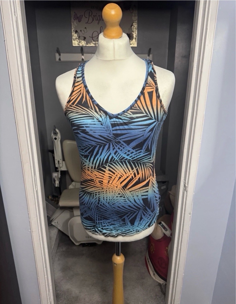 Fat Face Vest Top Blue Tropical Leaf Print Size 8 Open Back Summer