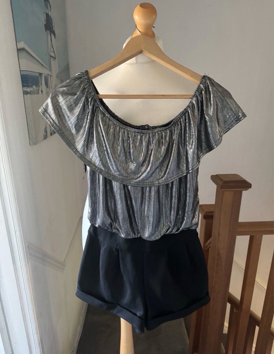 Quiz Playsuit Black Silver Metallic Bardot Frill Size UK 10 Party Evening