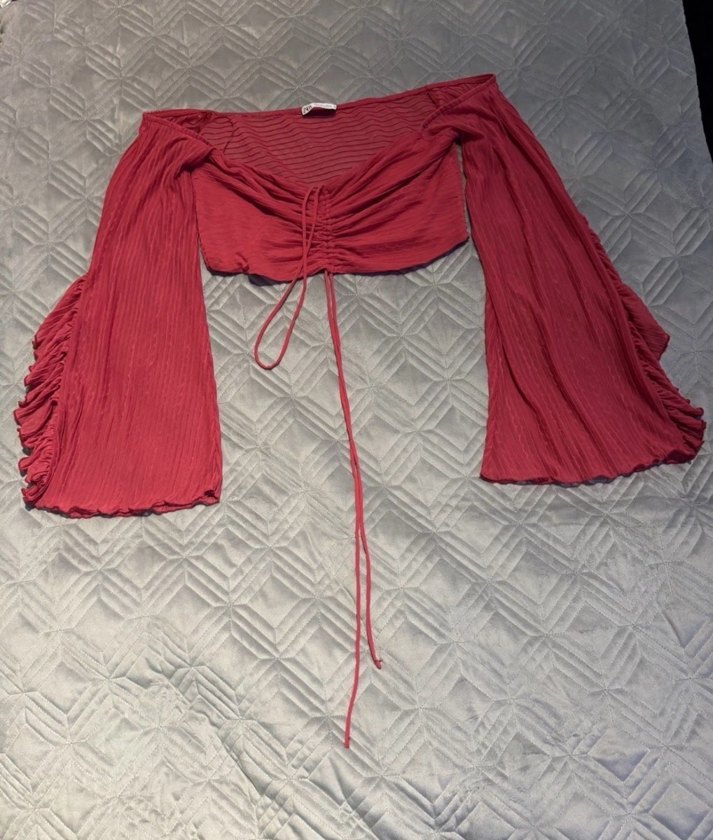 Zara Summer Bardot Crop Top Red UK 14 Ruched Tie Front Bell Sleeve