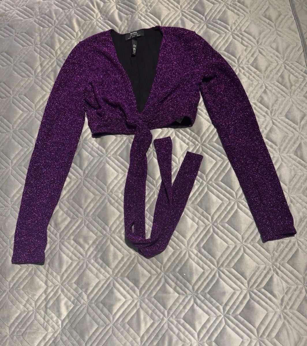 Bershka Wrap Crop Top Purple Glitter Sparkly UK 8 Summer Festival Party