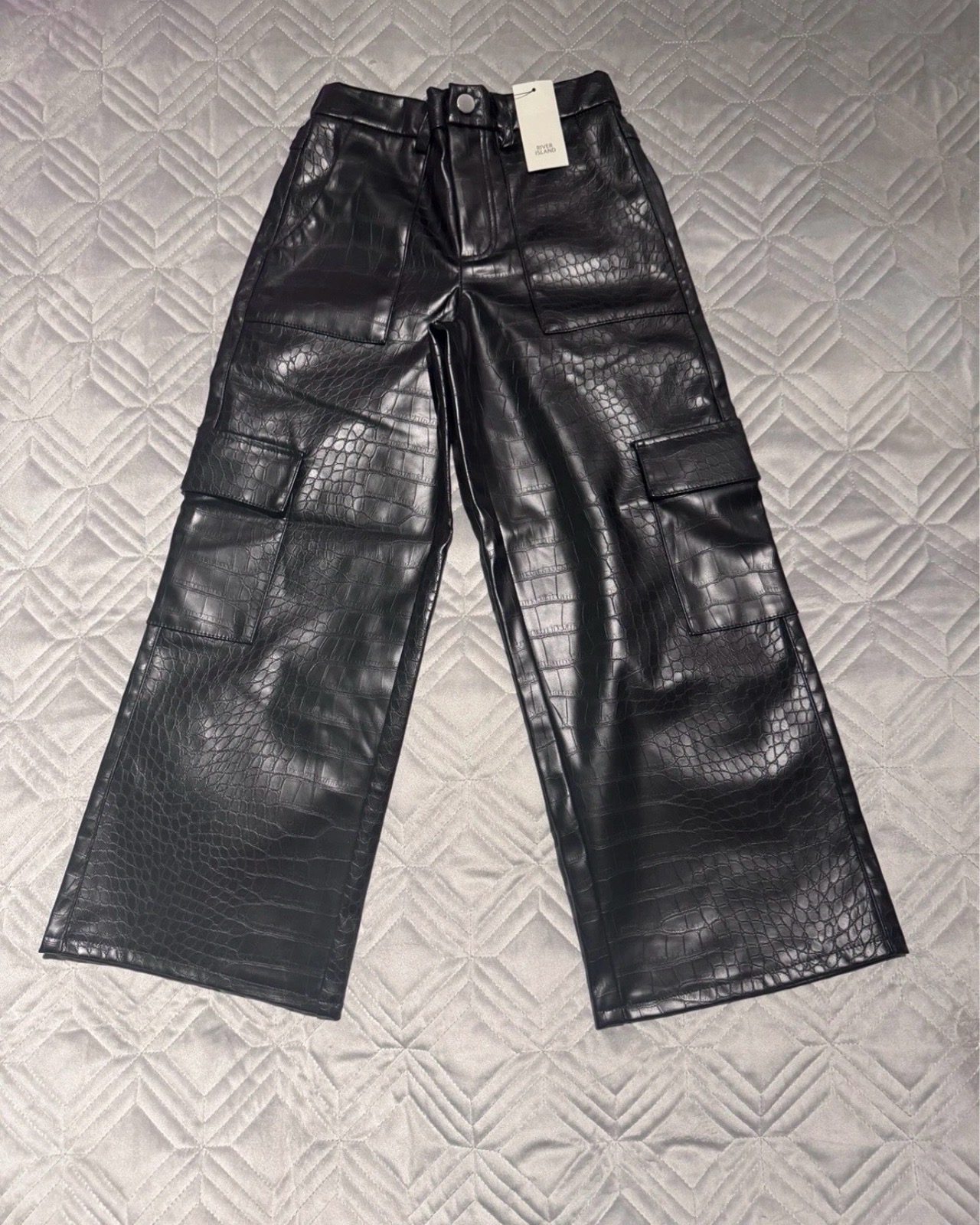 River Island Black Faux Leather Cargo Trousers Age 7 Croc Wide Leg BNWT