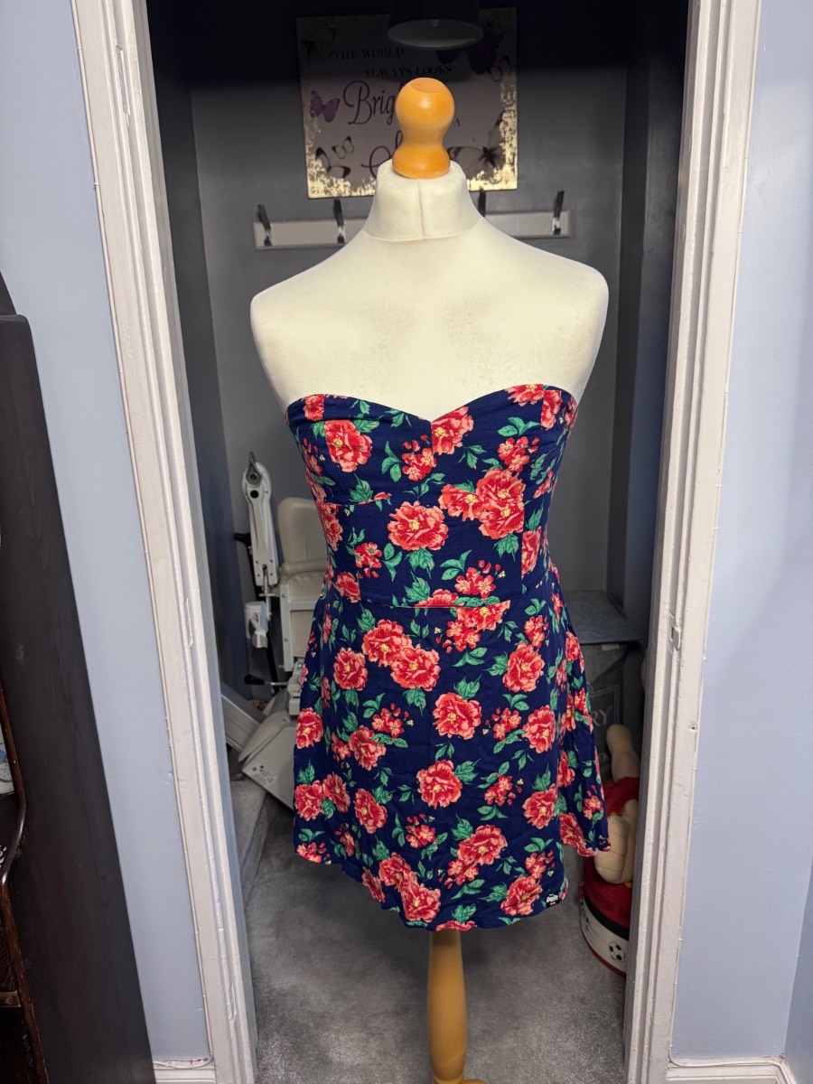 Superdry Strapless Floral Dress Navy Blue Medium (UK 12) Bandeau Skater Mini