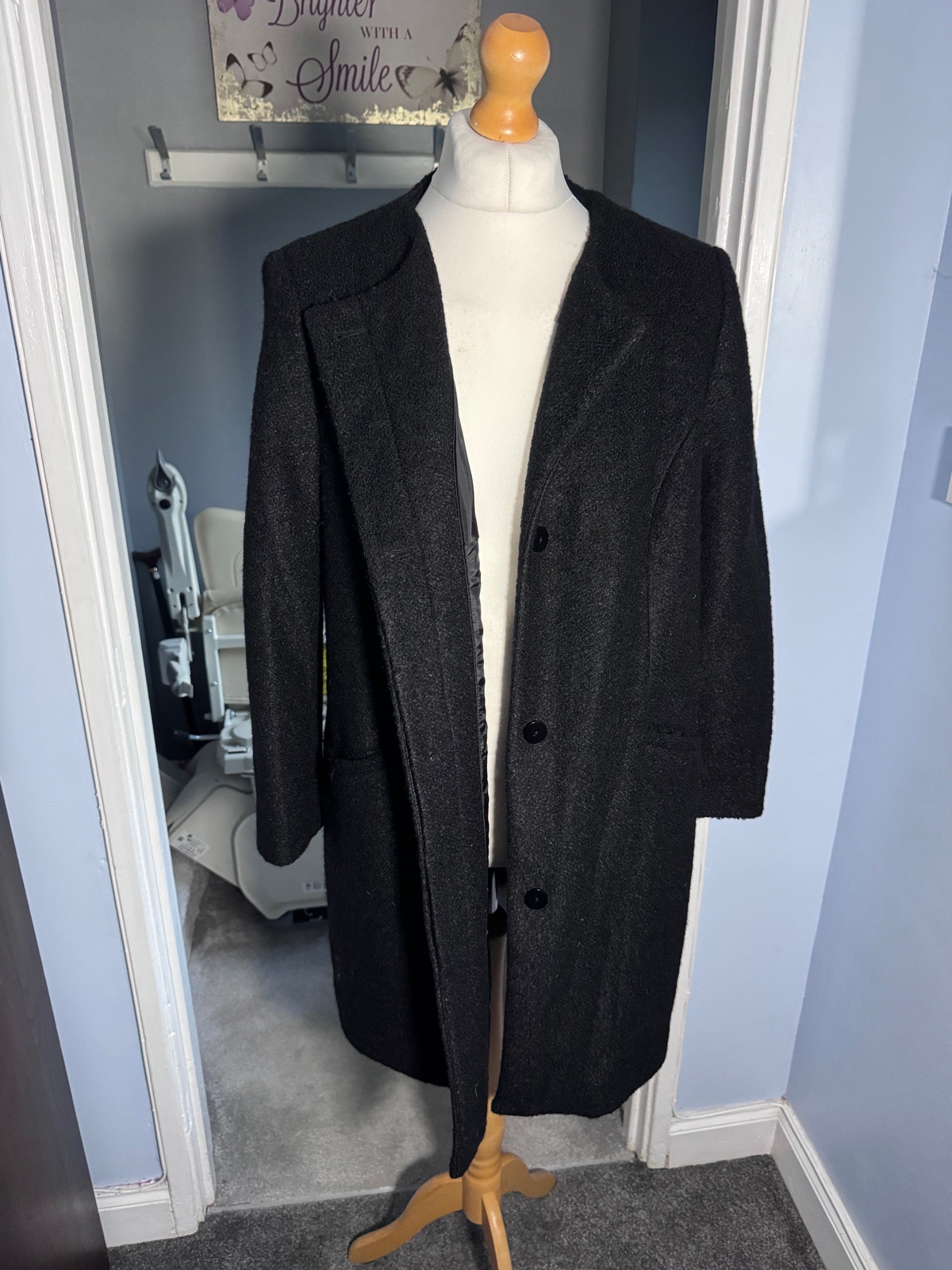 M&Co Plus Black Wool Blend Longline Coat UK 22 Bouclé Smart Winter