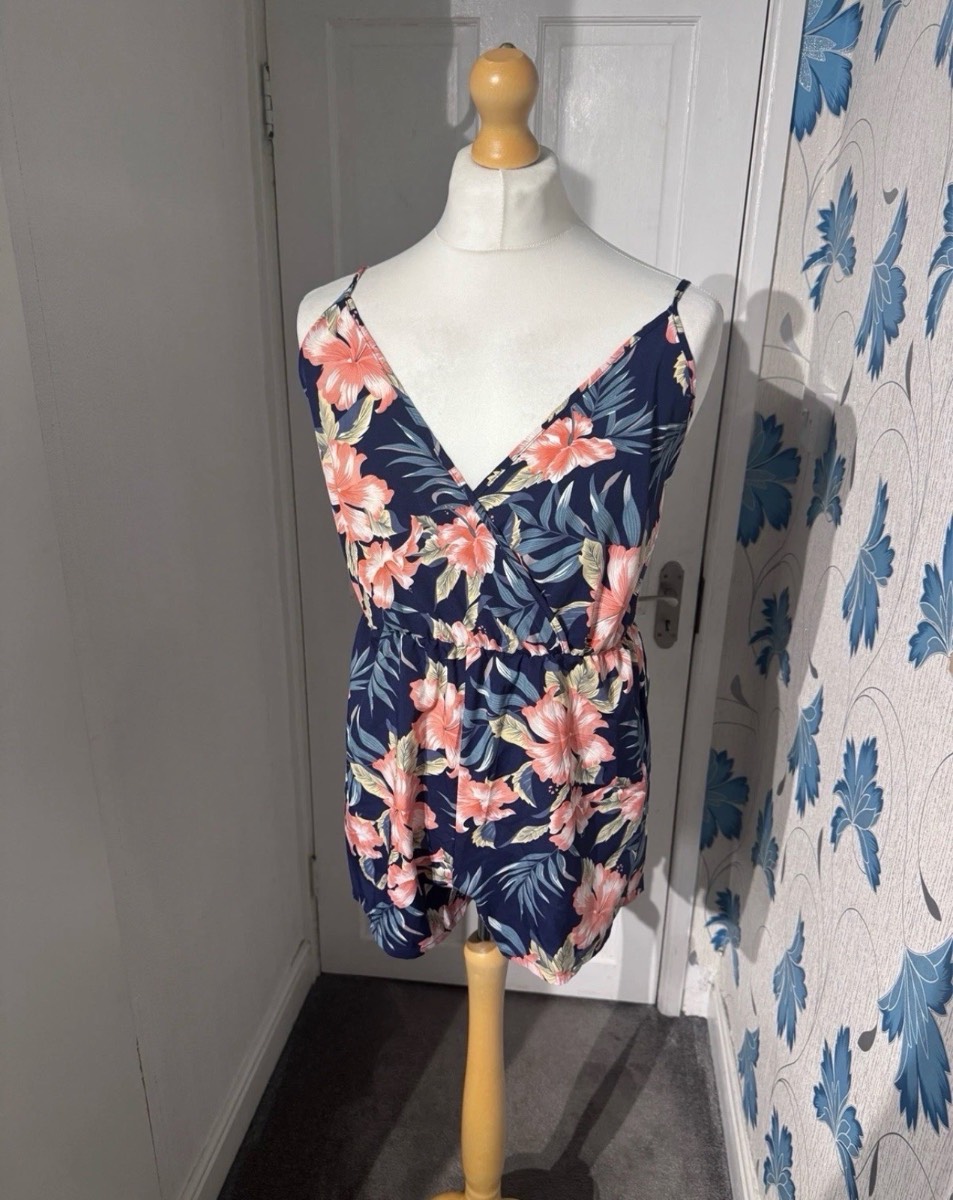 Shein Floral Playsuit Navy Pink Tropical Print Size L UK 12/14 Summer Holiday