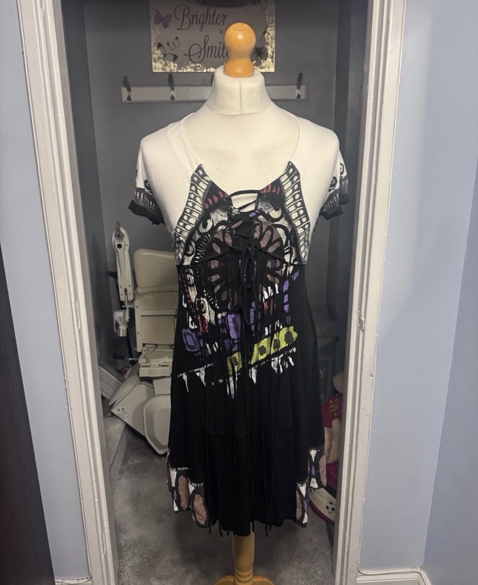 Didier Parakian Tunic Dress Black UK 14 Lace Up Fringe Boho Festival Made In Italy