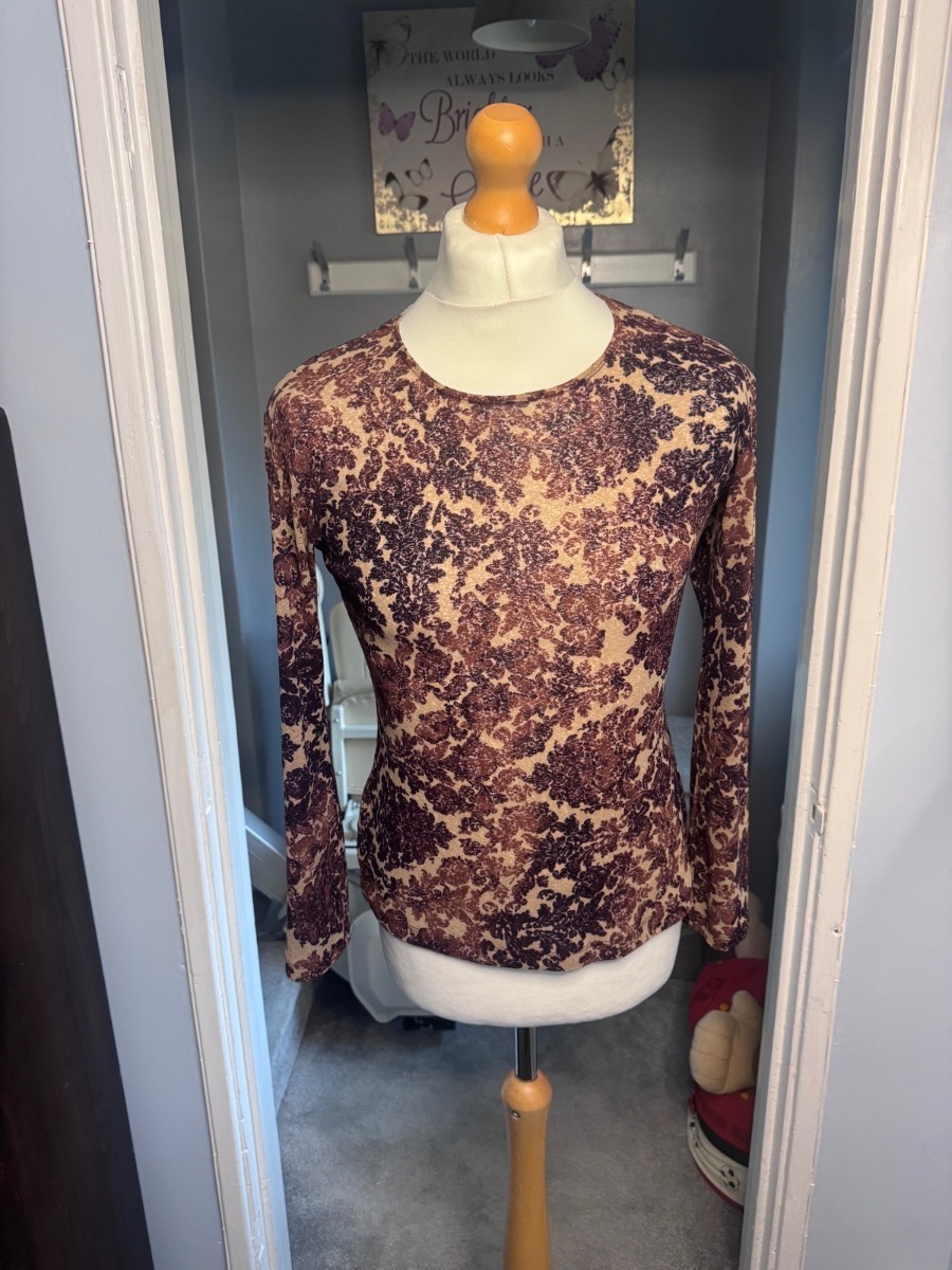 Wallis Petite Long Sleeve Mesh Top Beige & Burgundy Floral Print UK 14