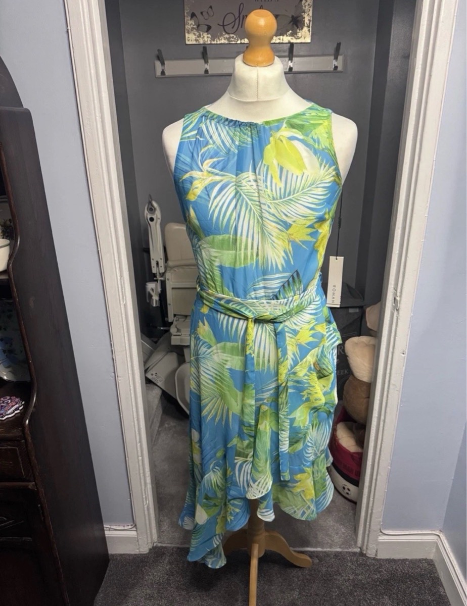 Roman Summer Tropical Leaf Print Midi Dress Light Blue UK 12 Belted BNWT
