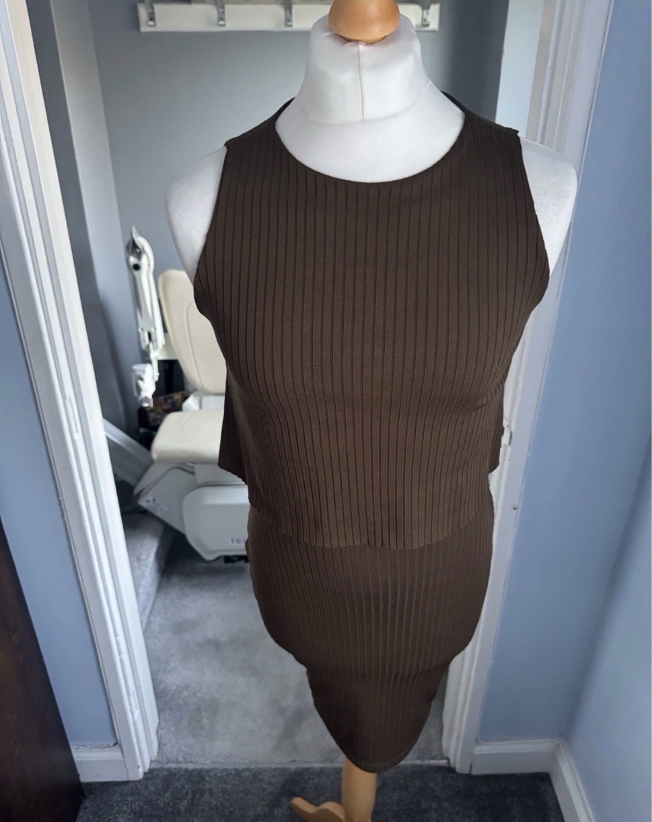 River Island Midi Dress Khaki Ribbed UK 8 Layered Sleeveless