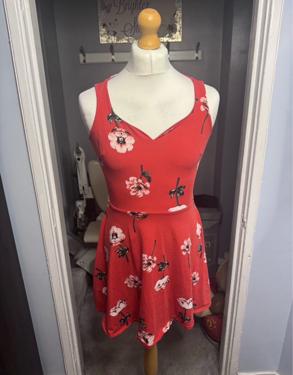 Dorothy Perkins Skater Dress Red Floral UK 14 Summer Cotton Stretch