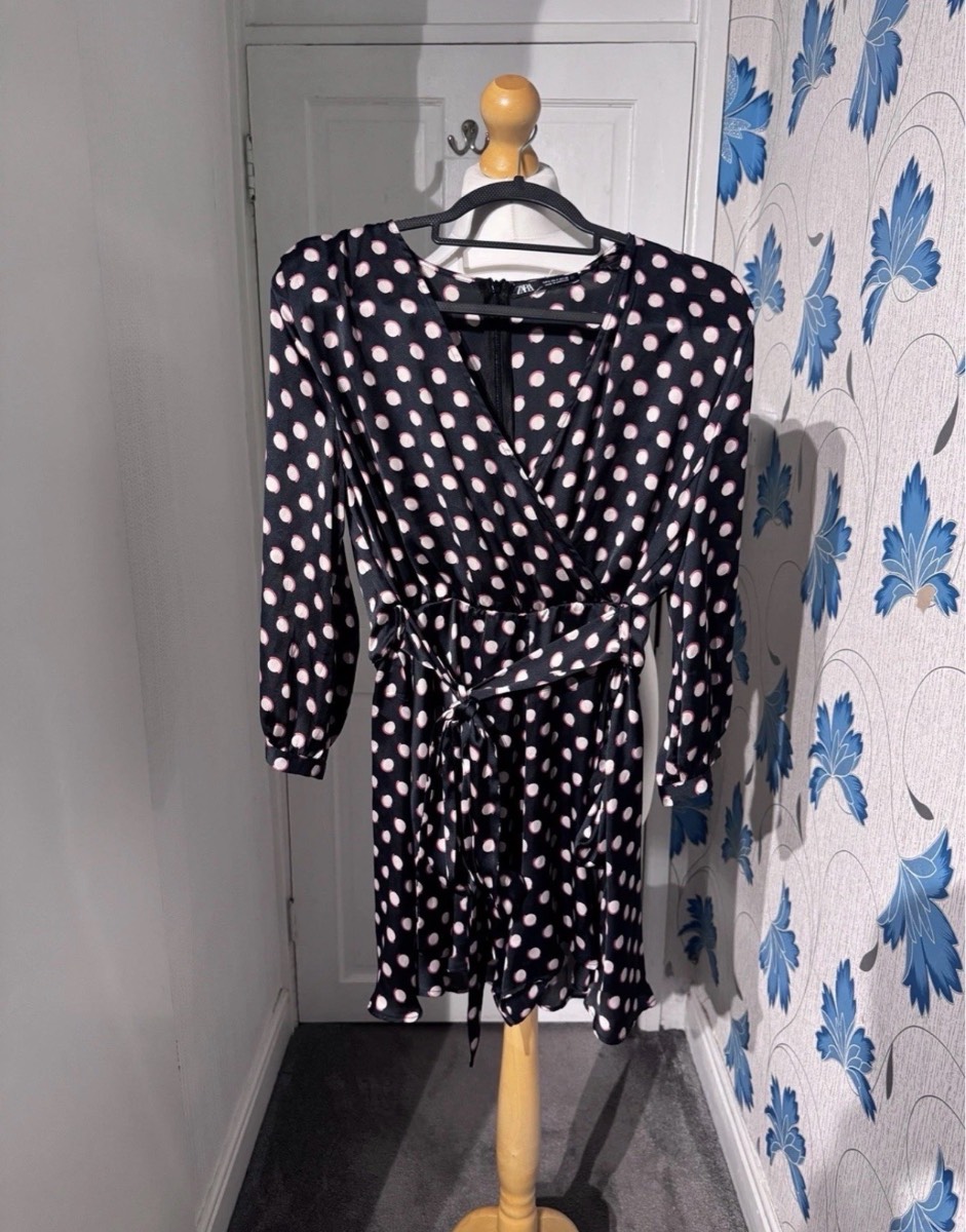 Zara Playsuit Black Polka Dot Size S Wrap Tie Waist Long Sleeve