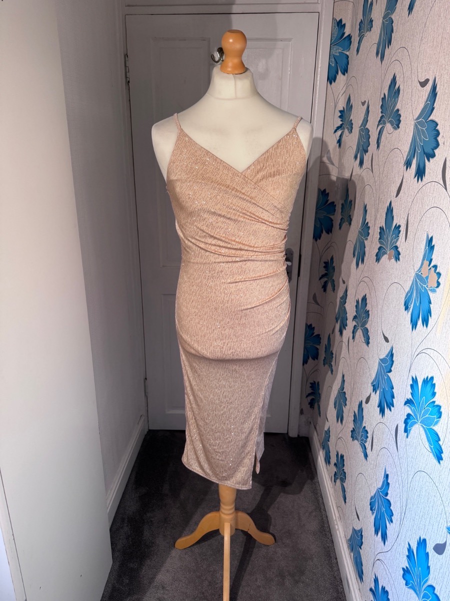 Quiz Midi Dress, Blush Pink, UK 8, Glitter Ruched Asymmetric Party Dress