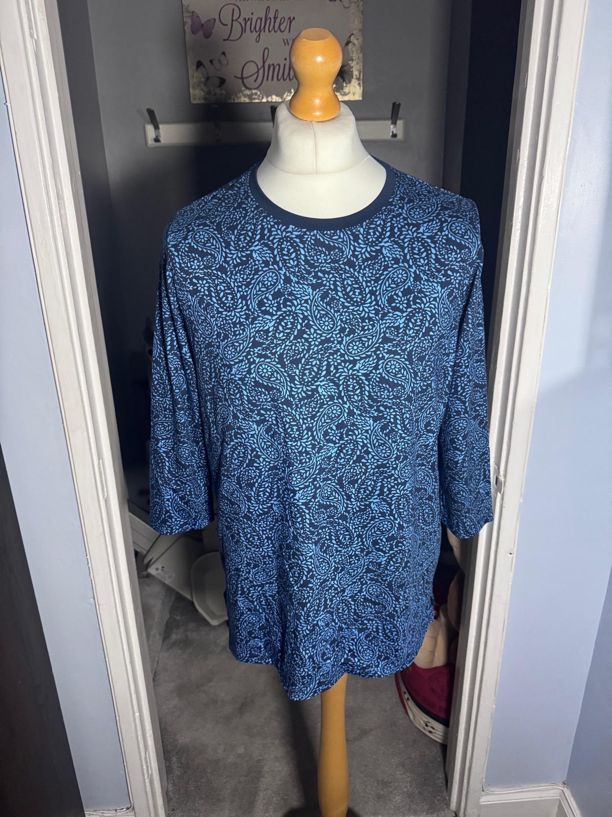 Lands’ End Supima Cotton Top Navy Blue Paisley UK M 3/4 Sleeve