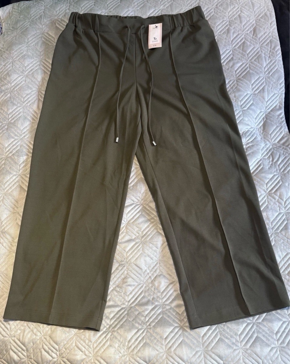 Tu Wide Leg Trousers Khaki Green UK 20 BNWT Stretch Pull On Smart Casual Summer