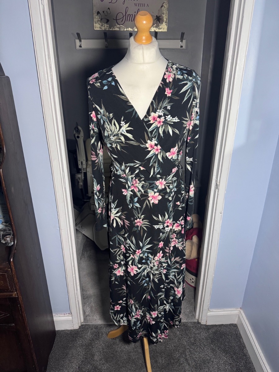 M&S Per Una Floral Midi Dress Black UK 14 Long Sleeve Crossover Occasion Dress