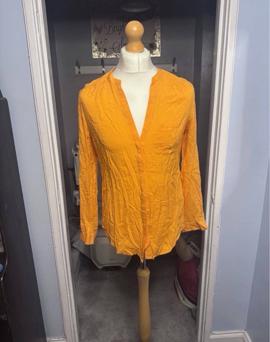M&S Collection Long Sleeve Blouse Orange UK 12 V-Neck Summer Lightweight