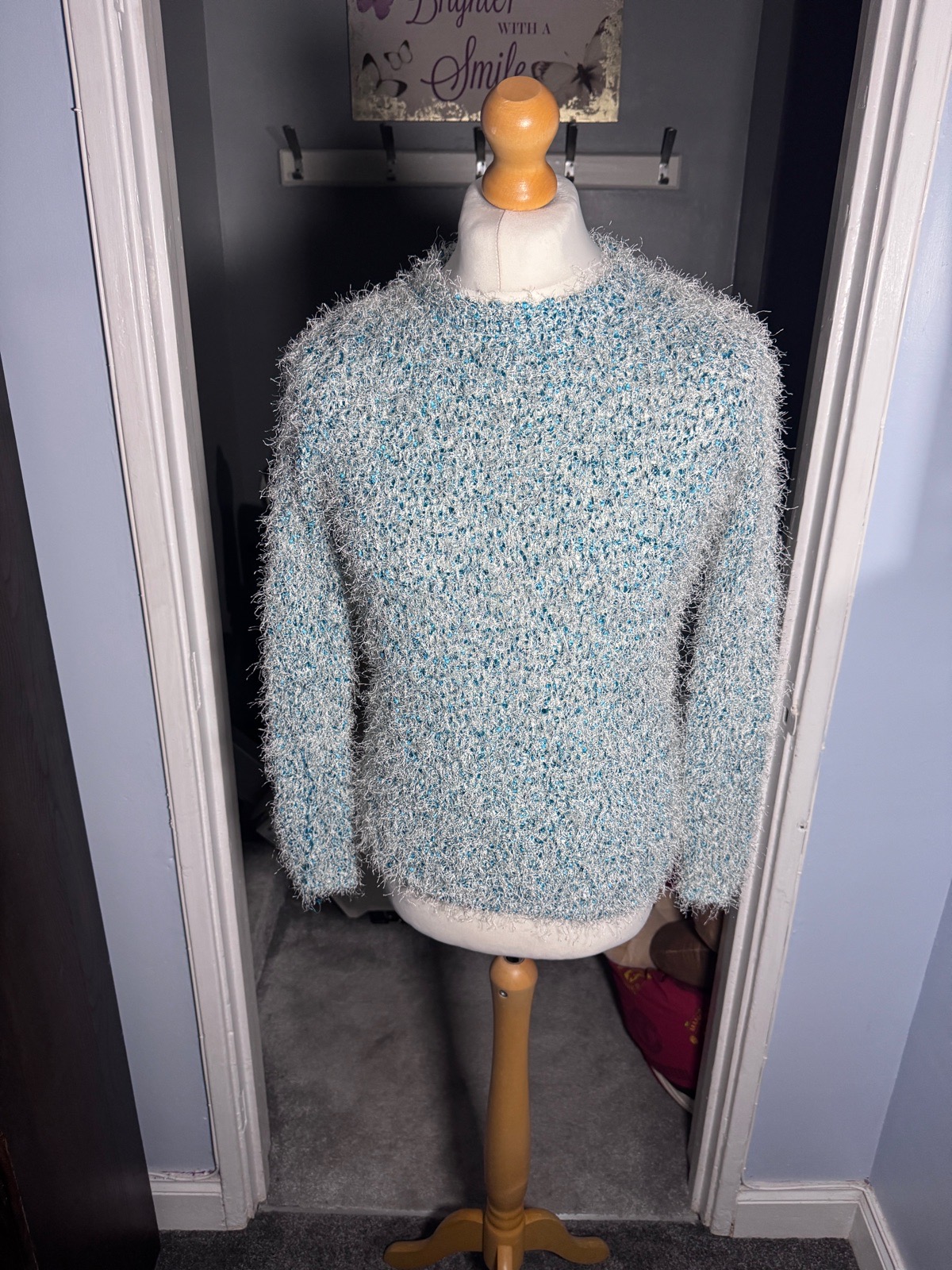 BHS Love Knitwear Fluffy Jumper Teal Silver UK 8 Sparkly Eyelash Knit