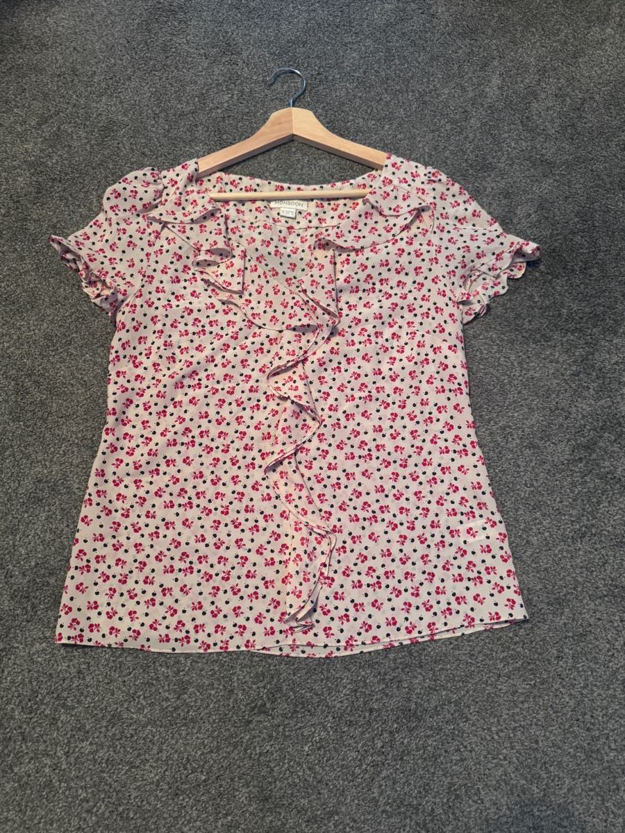 Monsoon Summer Cherry Print Blouse, Pink Frill Top, UK 10