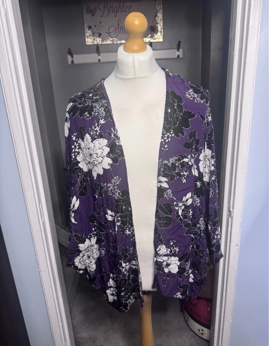 New Look Kimono Summer Cardigan Purple Floral UK 16 Open Front 100% Viscose