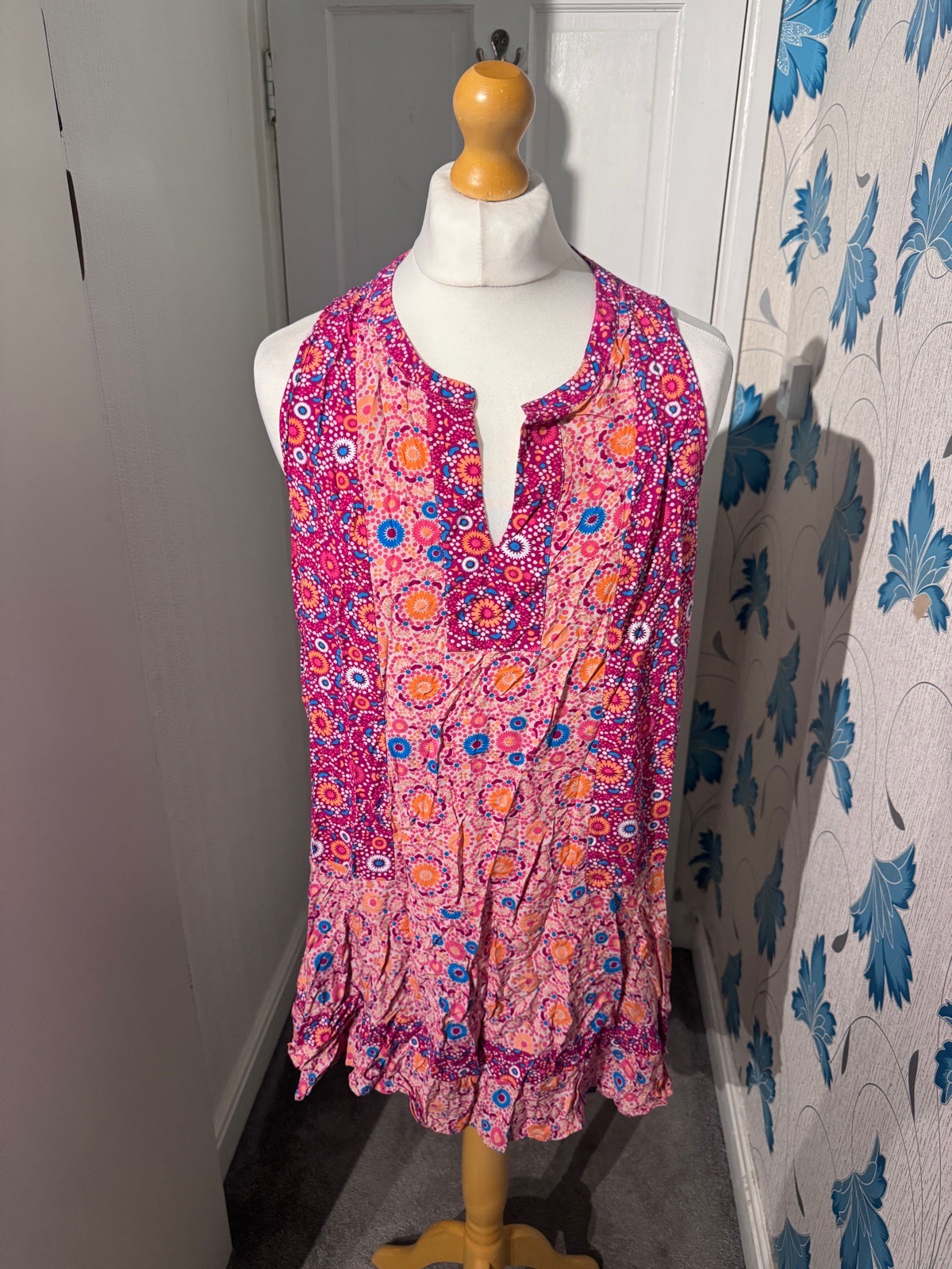 Tu Floral Tunic Dress Pink UK 20 Sleeveless Tiered Boho Summer Beach