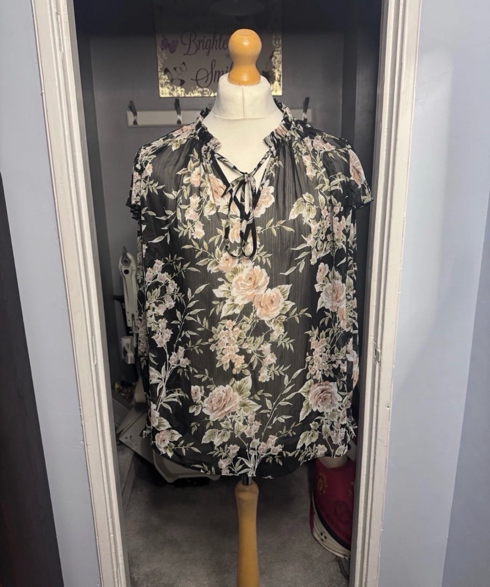 Papaya Curve Floral Blouse Black UK 22 Sheer Long Sleeve Frill Neck Top