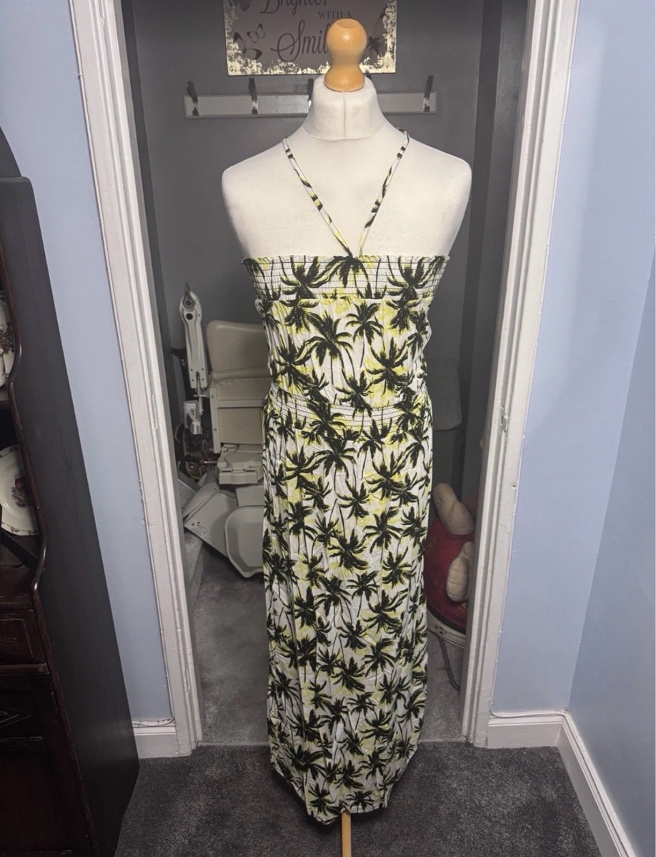 Dorothy Perkins Maxi Dress White Palm Print UK 10 Halterneck Summer Holiday