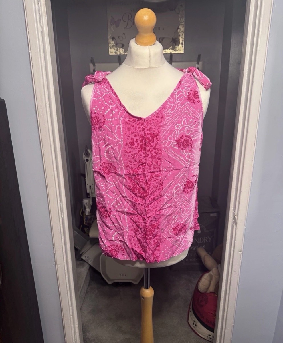 Roman Originals Vest Top Pink Floral Tie Shoulder UK 22 Boho Summer 100% Viscose