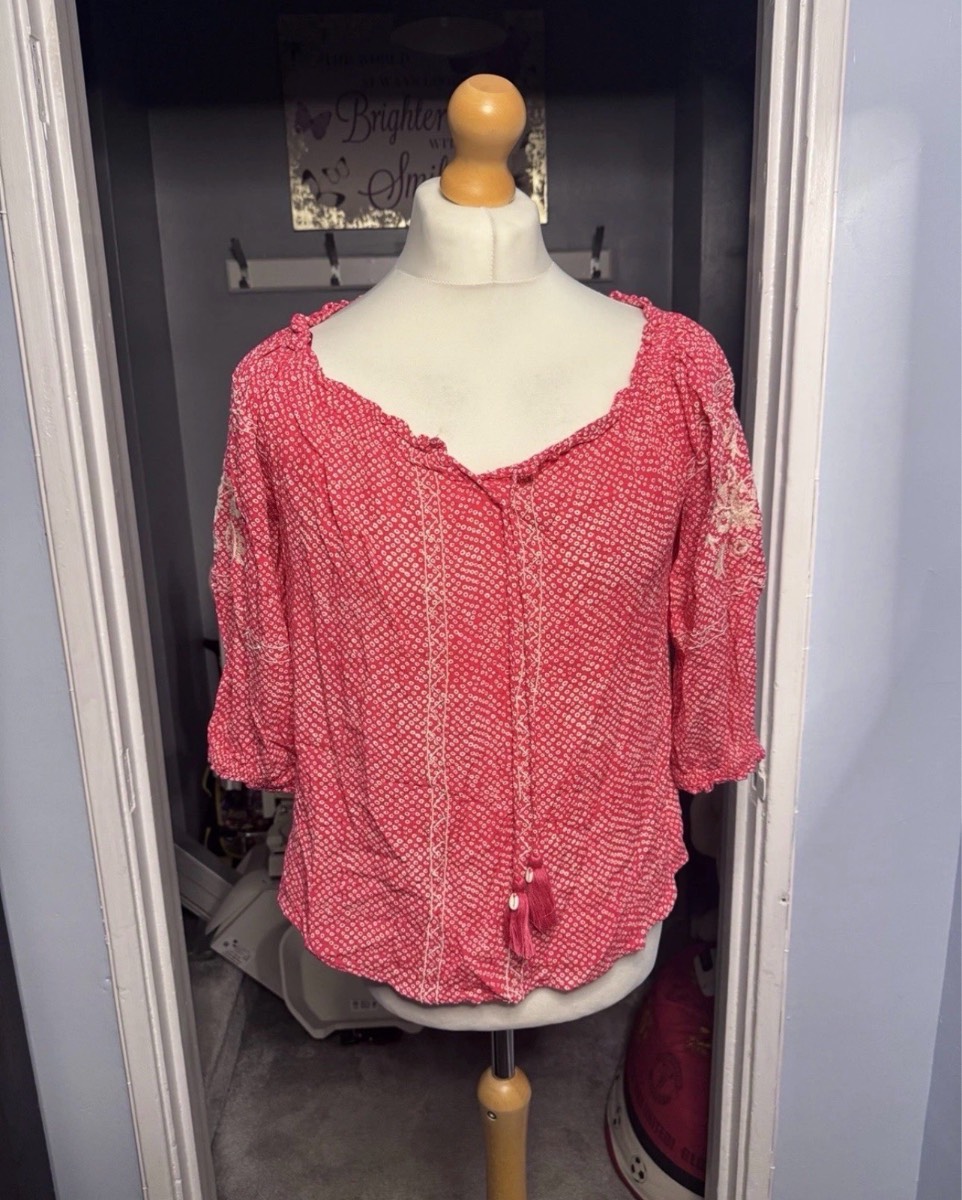 Monsoon Beach Boho Peasant Blouse Pink Size S (UK 8-10) Tassel Embroidered Top