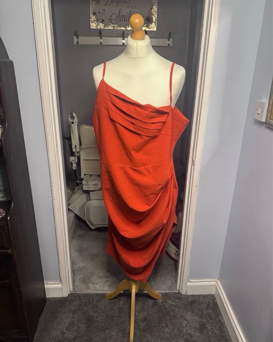 Lavish Alice Midi Dress Orange/Red UK 26 Draped Cowl Neck Ruched Occasion Party