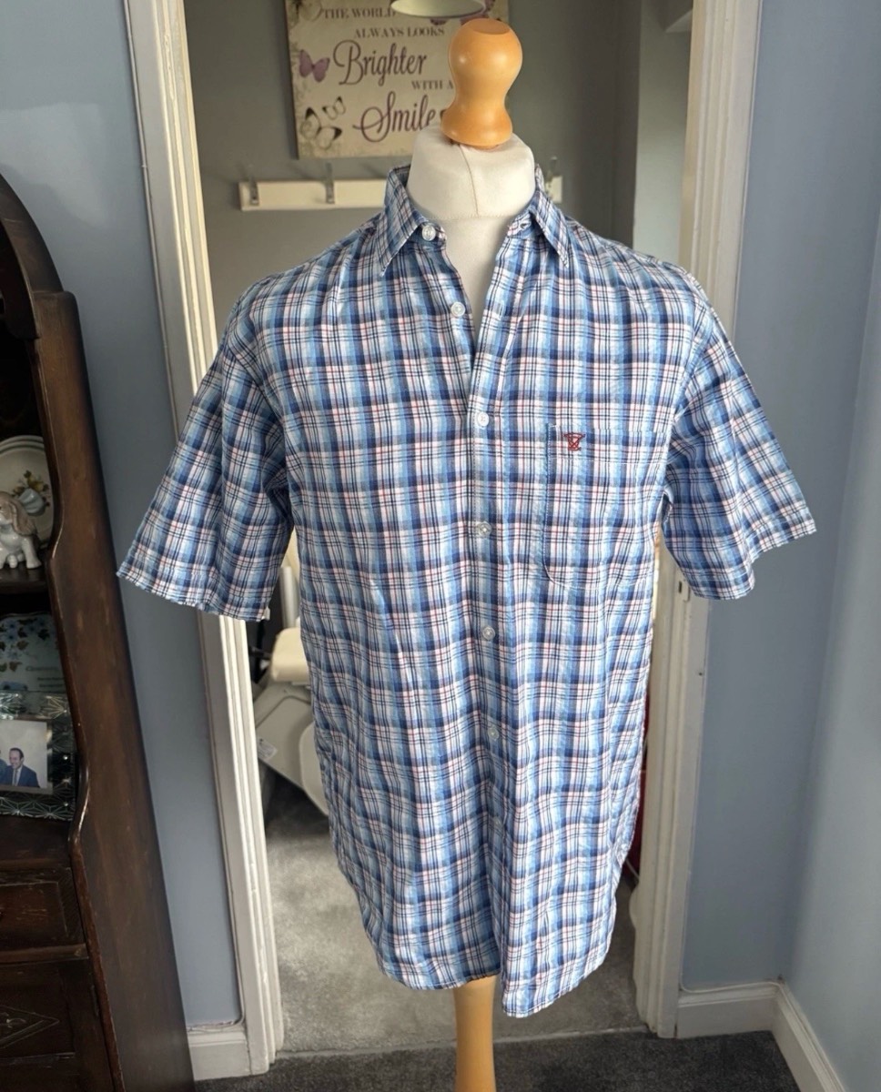 James Pringle Short Sleeve Checked Shirt Blue White Medium 100% Cotton