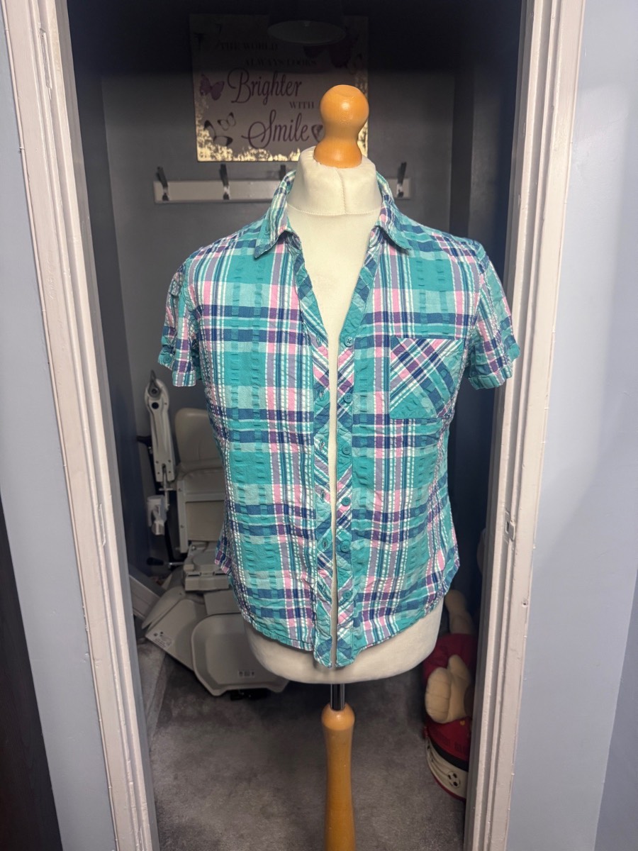 Cotton Traders Short Sleeve Checked Shirt Turquoise UK 16 Seersucker Cotton Summer