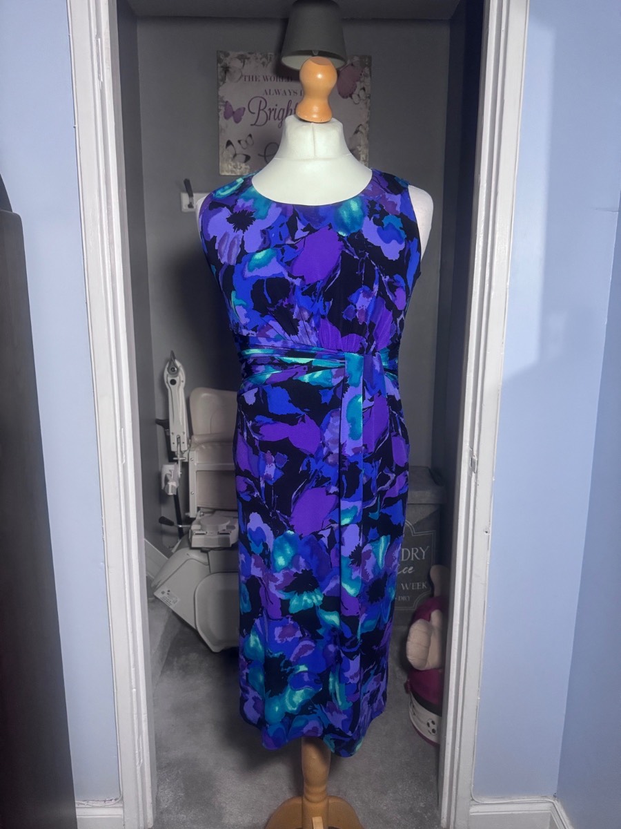 Precis Petite Occasion Dress, Purple Blue Floral Midi Dress, UK 10, Sleeveless Belt Detail