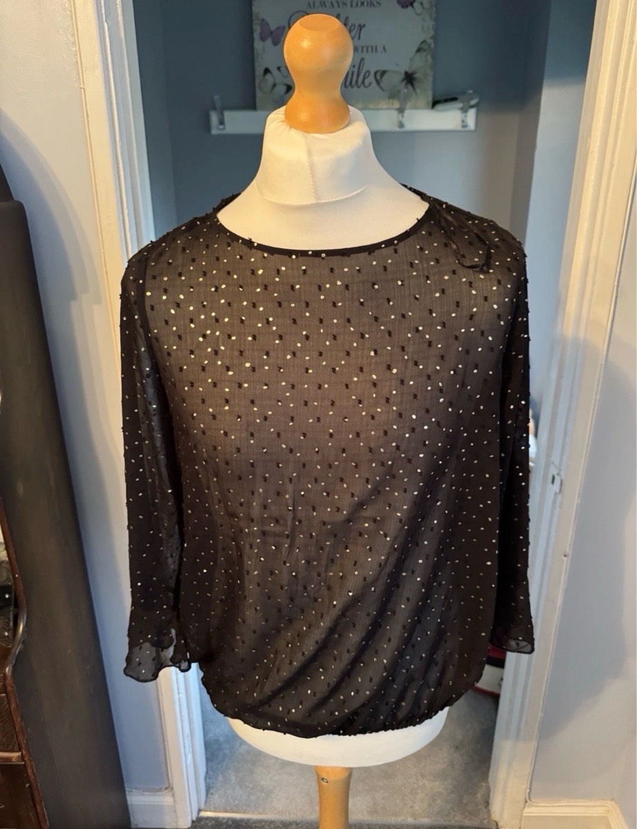 M&Co Spirit Sheer Blouse Black UK 14 Gold Foil Spot Chiffon 3/4 Sleeve