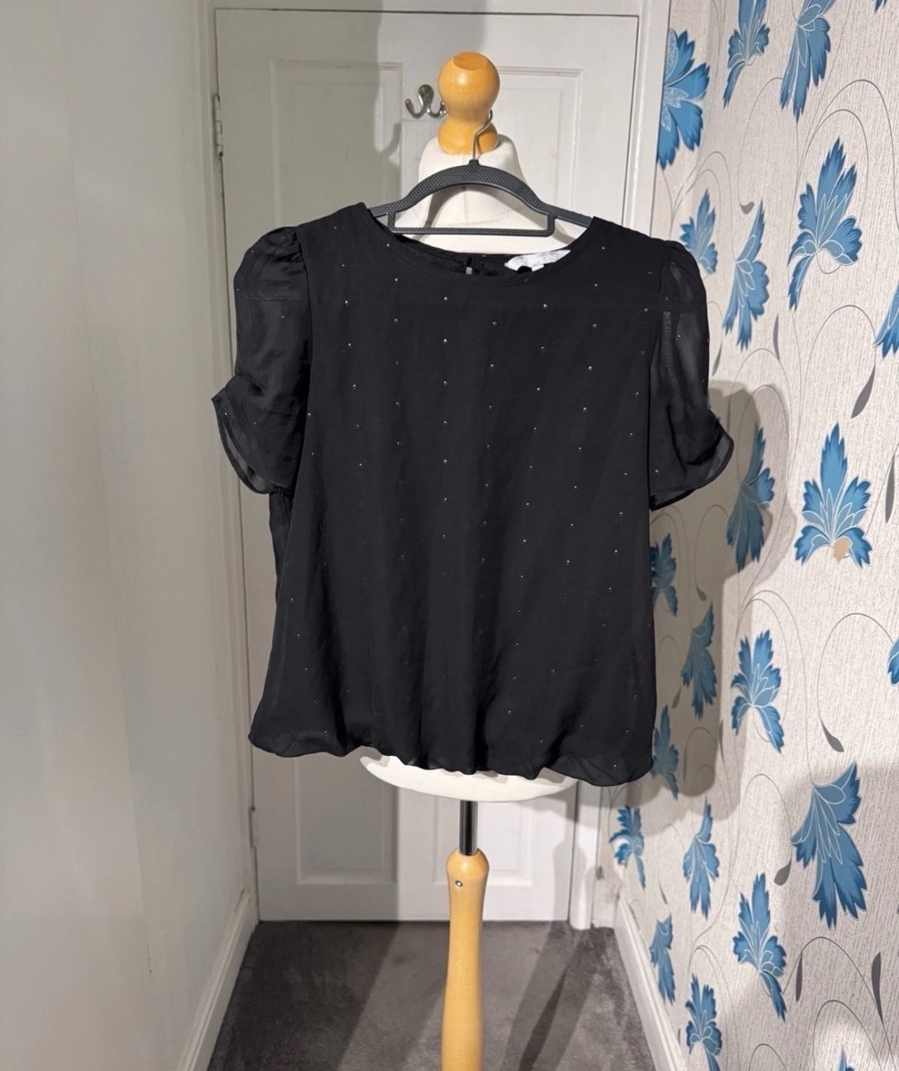 Debenhams Red Herring Black Studded Puff Sleeve Chiffon Blouse UK 10 Party Top