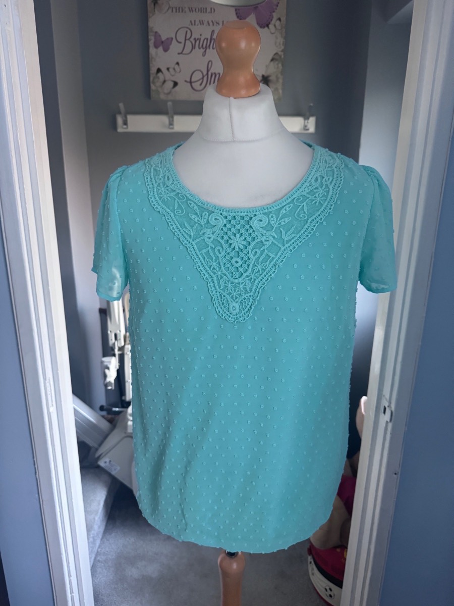 BM Collection Blouse Top Aqua Blue UK 14 Lace Yoke Dobby Chiffon Summer